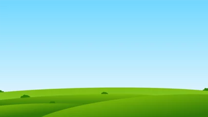 Foto op Canvas landscape cartoon scene. green field with bush on hill and summer clear blue sky with blank space for background and design element © piggu