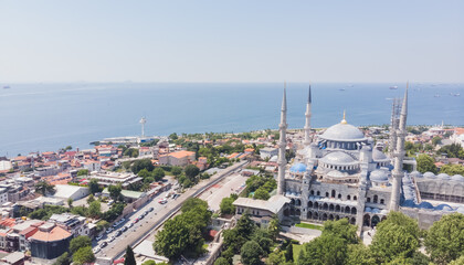 Top view of the Hagia Sophia in the old city of Istanbul against the backdrop of the sea, on a warm summer day