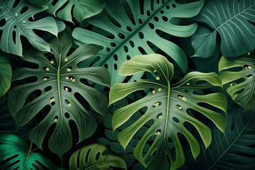 Obraz na płótnie Canvas A tropical green plant leaves background with a floral pattern, Generative Ai