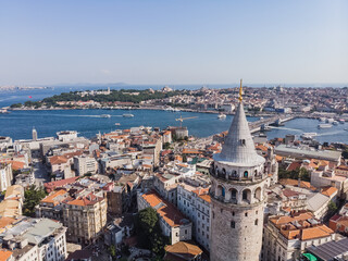 Fototapeta na wymiar Top view of the Galata Tower in the old city of Istanbul, on a warm summer day