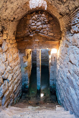 Interior of the Upper Peirene Fountain in Acrocorinth, the Citadel of ancient Corinth in Peloponnese, Greece