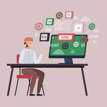 Programmer doing programming languages design and program code on screen, talking on phone. Software, web development. Technology process of information script. Business information coding for website