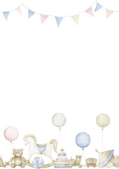 Template for greeting cards or invitations with Baby Toys. Watercolor seamless Pattern with rocking horse and garland on isolated background for postcards. Vertical childish frame in pastel colors © Alisles