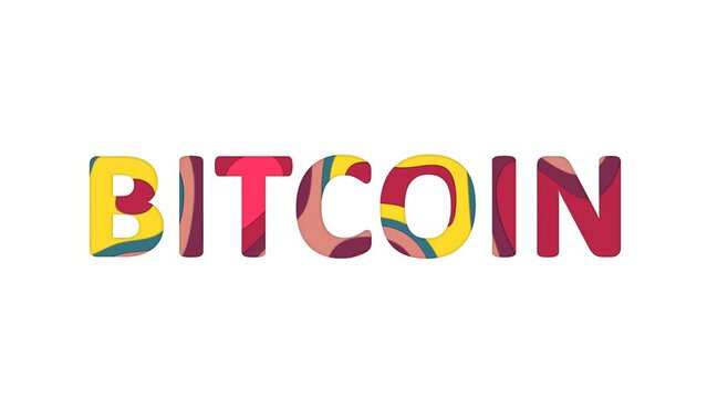 Multi-colored inscription crypto currency name BITCOIN with colored spots floating inside. In-Out loop