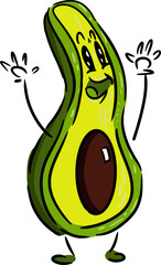Vector drawing of an avocado with a face, arms and legs, with different emotions. In cartoon style, hand drawn, flat, doodle.Cute, silly, funny, food, healthy, vegetable, plant, character.Colourful.