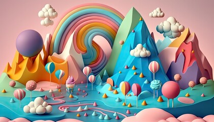 Fototapeta na wymiar Candyland Dreams: 3D Cute Illustration of Rainbow-Colored Fantasy Landscape Made of Multicolored Candies. Generative AI