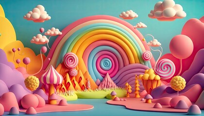Candyland Dreams: 3D Cute Illustration of Rainbow-Colored Fantasy Landscape Made of Multicolored Candies. Generative AI