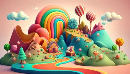 Zelfklevend Fotobehang Candyland Dreams: 3D Cute Illustration of Rainbow-Colored Fantasy Landscape Made of Multicolored Candies. Generative AI © Milos Stojiljkovic