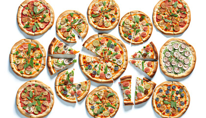 Many slices of pizza on a white background - Generative AI