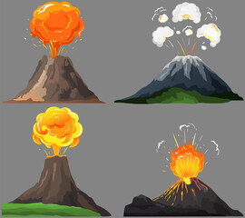 Volcanic eruption stages set. Steaming volcano, hot burning magma approach, splash and spreading of lava. Vulcanology, geology, study of seismic activity concept. Erupting rock pinnacle volcano - obrazy, fototapety, plakaty