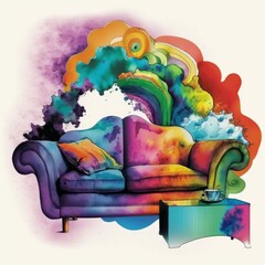 Rainbow in Psychologist's Office, Guided Meditation, Possibilities, Psychedelic Therapy Couch, Trip, Watercolor Illustration Style [Generative AI]