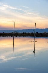 Fototapeta na wymiar Atardecer con palos de madera reflejado en el agua