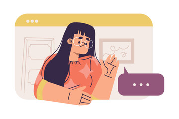 Virtual Communication with Woman Character in Web Window Waving Hand Talking to Somebody Vector Illustration