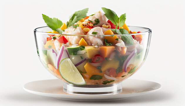 Fish ceviche with sweet potatoes. Traditional Peruvian food. Ceviche with enough tigra milk - Generative AI