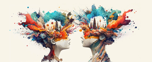 Fototapeta na wymiar Abstract imagination collage, two girls thoughtful and dreamy - Generative AI illustration