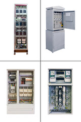 four electrical control cabinets of various designs and purposes, isolated on white background - 574416578