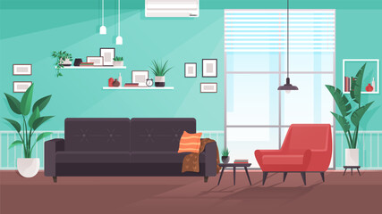 Interior design living room. Furniture in regular home with no people. Green houseplants in pots and pictures in frames on wall shelf, sofa, chest of drawers, interior elements of room