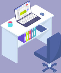 Home office background. Stylish interior of room, workplace of freelancer or remote employee. Modern furniture at house, laptop and mug with hot drink on table, chair and folders with documents