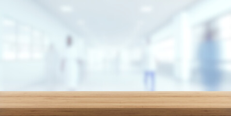 Wooden table with blurred clean hospital corridor and people walking in motion, abstract blur modern office interior background, defocused medical clinic with empty space for design 3D illustration