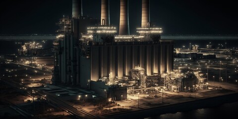Kohlekraftwerk bei Nacht, Stromlieferant der Vergangenheit, ai generativ