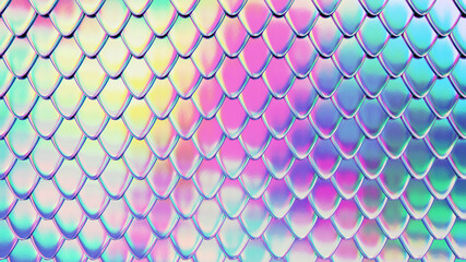 Mermaid or dragon holographic skin with scales. Fantasy texture. 3D rendered background.