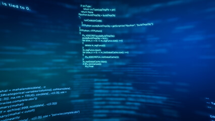 Software development writing programming code monitor, cyber security network script attack screen, abstract coding business data analysis technology background 3d illustration