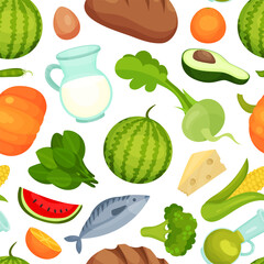 Vitamin Food Seamless Pattern Design with Healthy Nutrition Vector Template