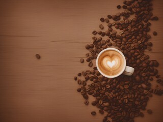 cup of coffee latte heart shape coffee beans old wooden background
