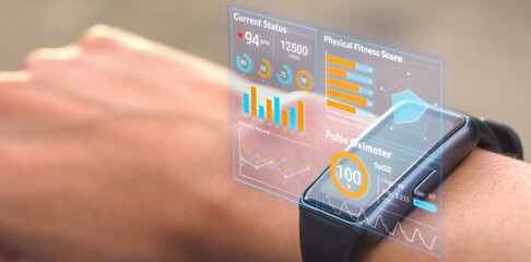 Futuristic hologram infographic display on smartwatch, 3d rendering medical data user interface screen app on hi-tech watch, heart rate SpO2 scanning and physical health condition UI technology - 574417786