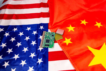 Competition between two countries for technological domination, microchips in the middle of the usa and china flag.