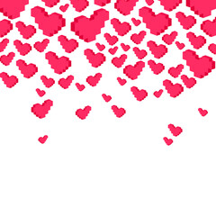 Postcard, love message or Happy Valentines Day banner pixel art with pink hearts rain falls down. Greeting Card to lovers for holiday. Falling in Love. Modern vector art heart pixelated design