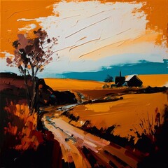 A minimalist oil landscape in shades of orange with a thick paint texture. Image generative by AI.