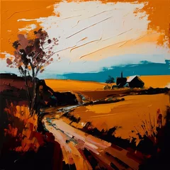 Fotobehang Schilderkunst A minimalist oil landscape in shades of orange with a thick paint texture. Image generative by AI.