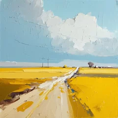 Foto op Plexiglas Schilderkunst Minimalist yellow oil landscape with thick paint texture. Fields, meadows. Image generated by AI.