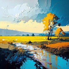 Blue and yellow oil landscape with a thick texture of paint. Image generative by AI.