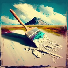 An oil painting of a brush painting an oil landscape. Generative ai