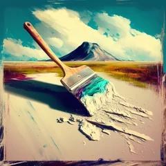 Papier Peint photo Lavable Inspiration picturale An oil painting of a brush painting an oil landscape. Generative ai