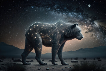 Fototapeta premium Bear and magic night sky. Illustration AI Generative