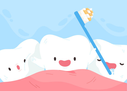 Cute teeth hold toothbrush with toothpaste on gum. Mouth cleaning. teeth and oral health care. Happy teeth and healthy gum. dental clinic decoration. Flat vector illustration for children tooth care.