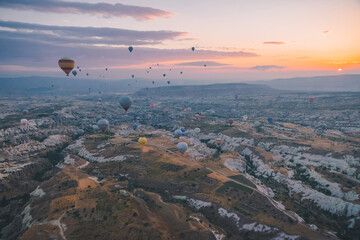 Cappadocia hot air balloons, Turkey. Aerial view.