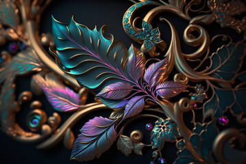 Obraz premium background ornate pattern and abstract flowers and vines, gold and iridescent purple and teal with soft pink colors intricate pattern,generative ai.
