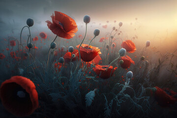 Poppy flower field background. Illustration AI Generative