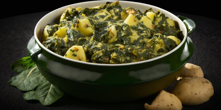 Delicious Saag Aloo Mittelscharf Kartoffeln mit Spinat, indische Spezialit&auml;t im Restaurant, ai generativ