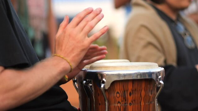 Musicians Playing on Ethnic Percussion Drum Instruments, High Quality 4K Cinematic Slowmotion Music Festival Footage. Chiang Dao, Thailand.