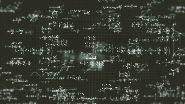 Mathematics Equations And Formulas On Blackboard/ 4k animation of an abstract science background of mathematics equations and figures written with chalk on school blackboard with blur and depth of fie