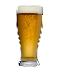 Pint glass of beer with bubbles and white head.