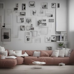 3D illustration, 3D Rendering, The living room consists of a sofa chair and a picture frame on the wall - generative ai