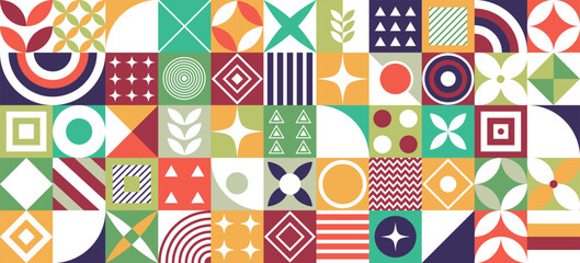 Neo geometric poster. Grid with color geometric shapes. Abstract Geometric Background. Neo Geo Pattern.