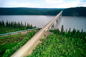 Aerial Drone image  of the wood plank Yukon River Bridge looking south bound with the Alaska...