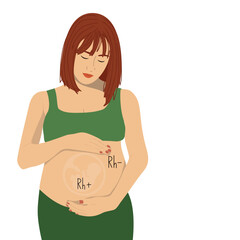 Sad pregnant woman with baby inside belly. Rh factor and Rh conflict concept. Vector illustration
